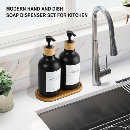 KASUNTING Hand and Dish Soap Dispenser Set, Plastic Kitchen Soap Dispenser Set with Bamboo Tray, 17 Fl Oz Black Soap and Lotion Dispensers Sets with 4 Pack Labels for Kitchen & Bathroom Countertop - Image 6