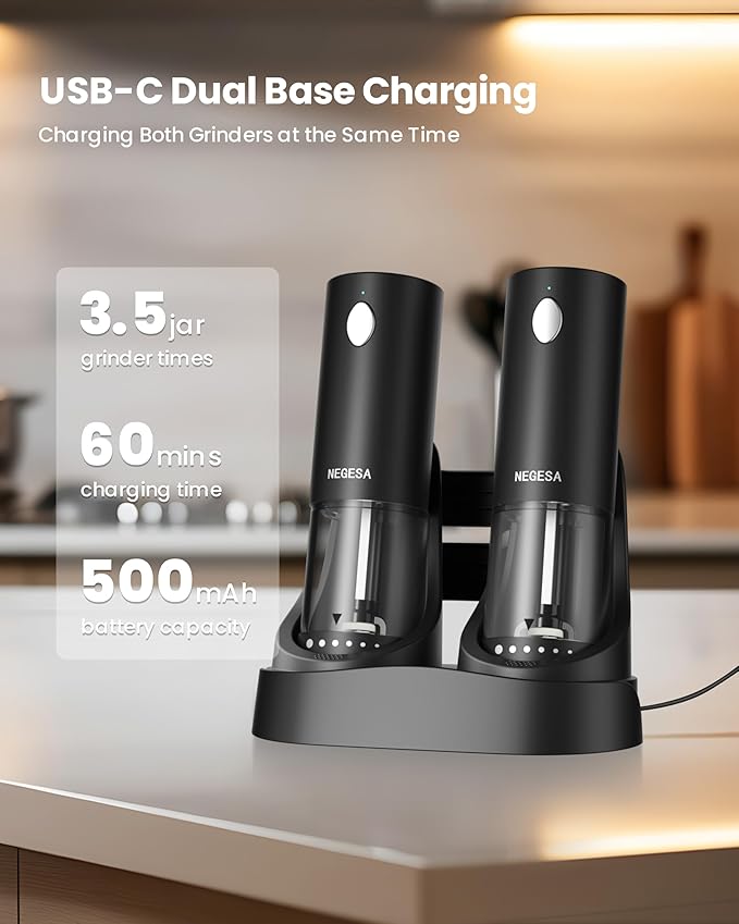 Electric Salt and Pepper Grinder Set with Rechargeable Base - Automatic Refillable Electric Salt and Pepper Shakers with Large Capacity, LED Light & Adjustable Coarseness, Black - Image 3