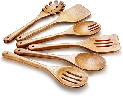 Wooden Cooking Utensils, 6 Pieces Natural Acacia Wooden Spoons For Cooking with Non Stick & Heat Resistant Design, Wooden Kitchen Utensil Set with Hanging Hole for Stirring, Mixing, Cooking by ROSOS