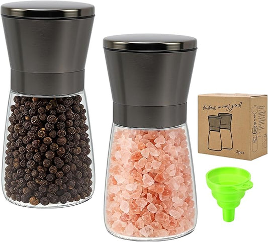 R DRURLCD Metal Bronze Salt and Pepper Grinder Set of 2 - Adjustable Ceramic Grinder - Glass Salt and Pepper Shakers W/Funnel - Spice Mill Bronze Kitchen Accessories