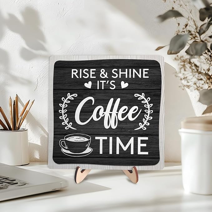 Coffee Bar Sign Plaque Decor,Coffee Bar Accessories,Rustic Wooden Tabletop Plaque with Stand, Minimalist Farmhouse Kitchen Counter Sign,Cute Mini Café Bar Decor Gift - Image 3