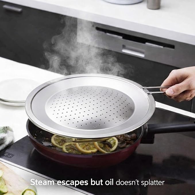 Stainless Steel Splatter Screen Lid, Oil Splash Guard with Steam Vent Holes, Long Handle, Frying Pan Cover, 12.6 in (32 cm) - 1ea - Image 2