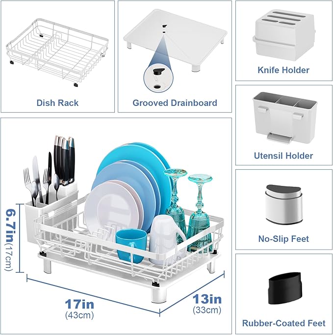 MOUKABAL Dish Drying Rack, Dish Rack, Stainless Steel Dish Racks for Kitchen Counter, Dish Drainer with Removable Utensil Holder, Drainboard (White,13''W x 17''L) - Image 4