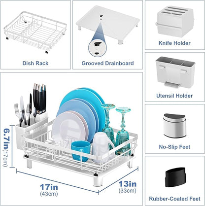 MOUKABAL Dish Drying Rack, Dish Rack, Stainless Steel Dish Racks for Kitchen Counter, Dish Drainer with Removable Utensil Holder, Drainboard (White,13''W x 17''L) - Image 4