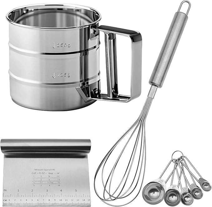 Silver Flour Sifter Baking Tool Set, DLAND Stainless Steel 4-Piece Kit with 10" Whisk, Dough Scraper & 5 Measuring Spoons, Mirror Polished, Easy to Clean, for Cake Bread Cookie Prep
