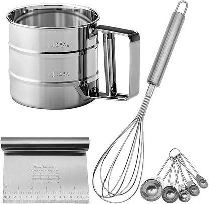 Silver Flour Sifter Baking Tool Set, DLAND Stainless Steel 4-Piece Kit with 10" Whisk, Dough Scraper & 5 Measuring Spoons, Mirror Polished, Easy to Clean, for Cake Bread Cookie Prep
