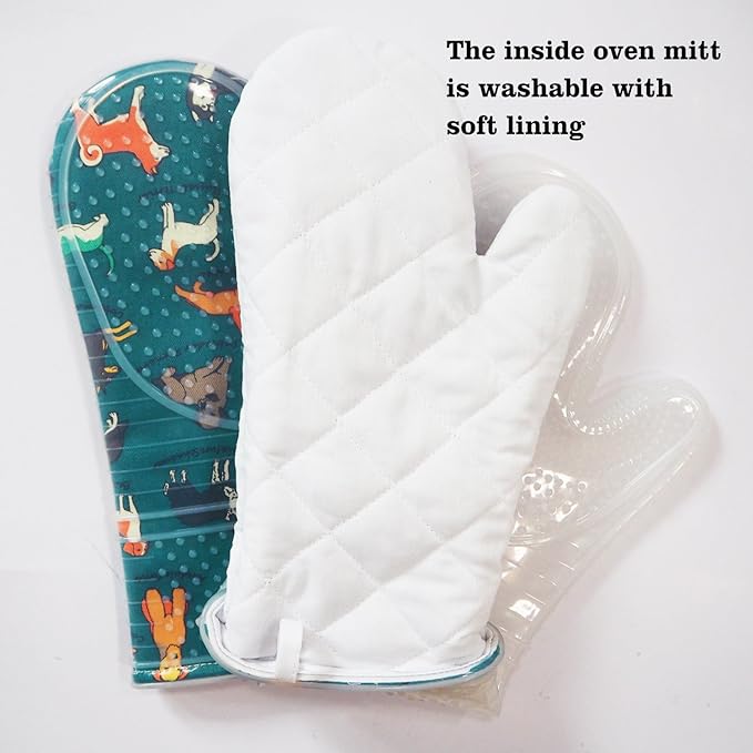 Oven Mitts Set of 2 with Transparent Clear Silicone Shell and Nice Dog Printing Cotton Lining, Heat Resistant to 500 F Kitchen Oven Gloves Pot Holder for Cooking (Blue) - Image 5