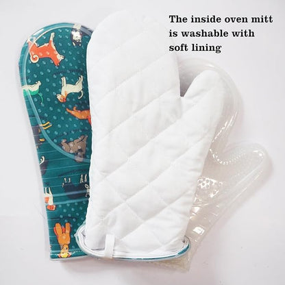 Oven Mitts Set of 2 with Transparent Clear Silicone Shell and Nice Dog Printing Cotton Lining, Heat Resistant to 500 F Kitchen Oven Gloves Pot Holder for Cooking (Blue) - Image 5