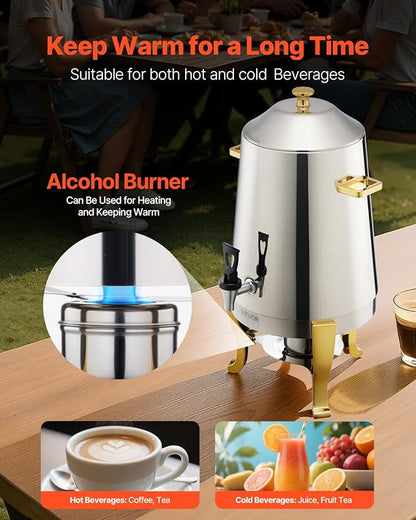 VEVOR Stainless Steel Beverage Dispenser, 3.4 Gallon Drink Dispenser with Alcohol Burner, Hot & Cold Drink Dispensers with Spigot for Coffee Tea Hot Water, Ideal for Restaurants, Hotels, Parties