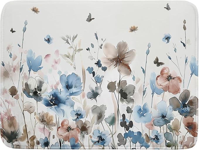 Giwawa Watercolor Floral Dish Drying Mat, 18"x24" Blue Grey Brown Flowers Kitchen Drainer Mats, Spring Summer Wildflower Microfiber Large Dish Drying Pad for Countertop Tabletop Decoration