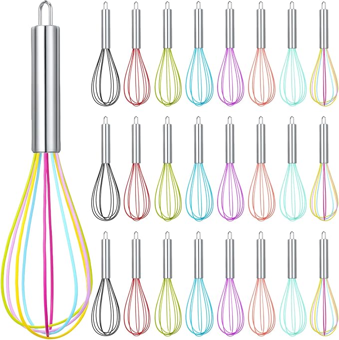 Domensi 24 Pcs 8 Inch Whisks Bulk for Cooking Silicone Whisks Non Scratch Stainless Steel Egg Beater Colorful Coated Metal Heat Resistant Egg Beaters for Valentines Day Party Favor Gift Supplies by Domensi
