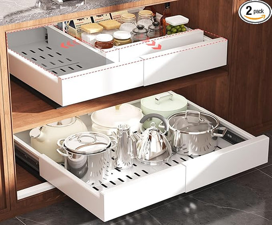 Seinloes 2 Pack Pull Out Cabinet Organizer Expandable Width(13"-21") and Depth(13"-17"),Slide Out Drawers With Raising Pad for Framed Cabinets,No Drill Roll Out Shelves for kitchen,Bathroom,White by Seinloes