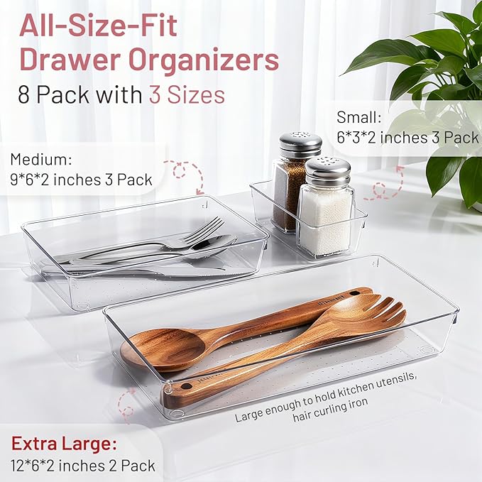 8 Pack Large Clear Plastic Drawer Organizer Bins - Acrylic Bathroom Drawer Organizer Trays - Heavy Duty Kitchen Drawer Dividers for Utensils - Non-Slip Storage Bins for Makeup, Bedroom, Office Desk - Image 2