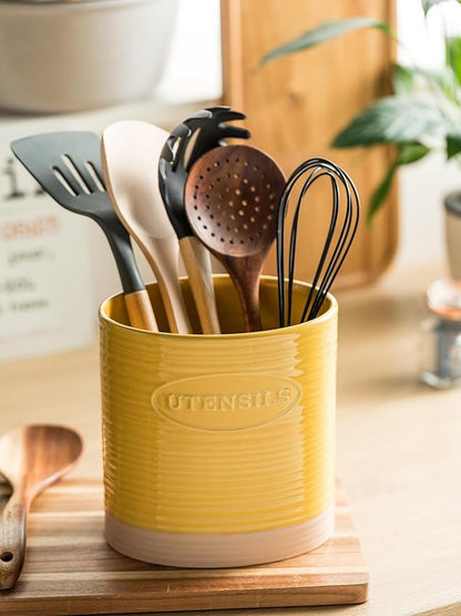 YHOSSEUN Kitchen Utensil Holder for Countertop, Ceramic Utensil Holder for Kitchen Counter, Cooking Utensil Crock for Spatula, Oval Shape, Yellow - Image 8