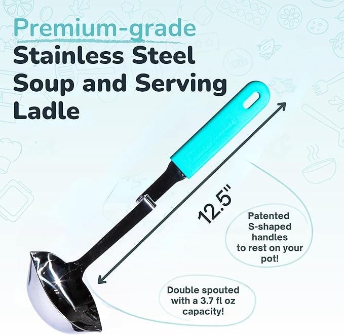 Souper Cubes + Lori Greiner No Mess Stainless Steel Soup Ladle with Silicone Handle - Metal Soup Ladle with No Mess Design That Hooks on Side of Any Pot - Aqua - Image 4