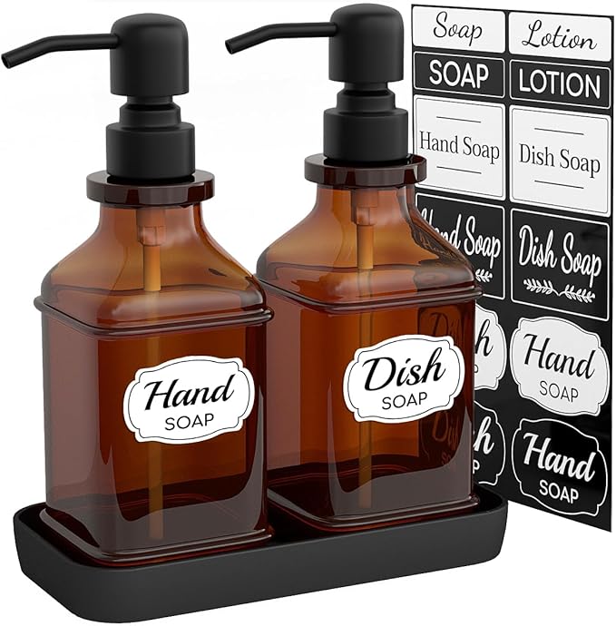 LMQML Soap Dispenser - 2 Pack, Antique Design Thick Amber Glass Hand Soap Dispensers with Sturdy Tray; 304 Rust Proof Stainless Steel Black Pump, 12Pcs Stickers, for Kitchen, Bathroom- Black by LMQML