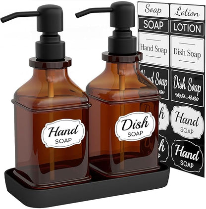 LMQML Soap Dispenser - 2 Pack, Antique Design Thick Amber Glass Hand Soap Dispensers with Sturdy Tray; 304 Rust Proof Stainless Steel Black Pump, 12Pcs Stickers, for Kitchen, Bathroom- Black by LMQML