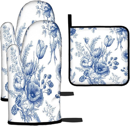 LOKMU Oven Mitts and Pot Holders Set of 3, White Blue Floral Vintage Flowers Heat Resistant Kitchen Gloves Hot Pads for Cooking Baking BBQ, Kitchen Decor Gifts for Cooking Lover Cooks