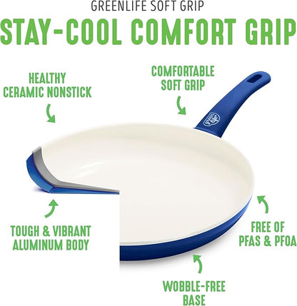 GreenLife 16 Piece Nonstick Cookware Set, Soft Grip Non-Toxic PFAS-Free Ceramic Pots & Pans, Dishwasher & Oven Safe, Frying, Sauce, Saute, Utensils, Glass Lids, Stay-Cool Handles, Wobble Free, Blue - Image 4