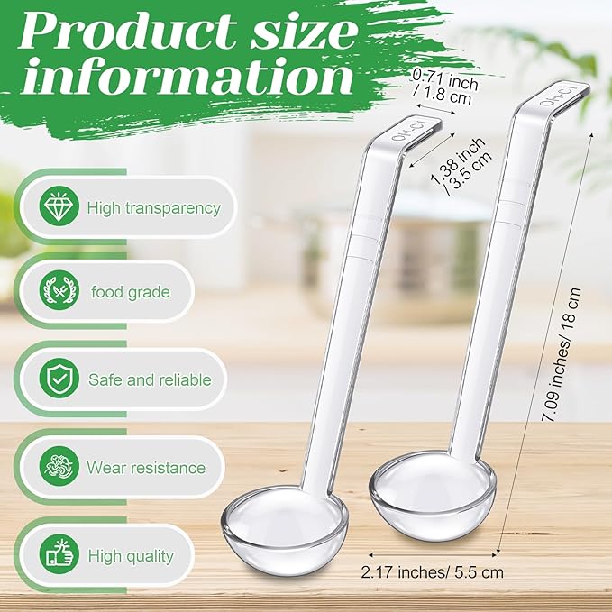 Tioncy 6 Pcs 1 Oz Small Ladle for Serving Sauce 7.09 Inches Plastic Mini Ladles Long Handle Spoon for Serving Sauce, Soup, Dressing, Punch Bowl, Toppings, Gravy, Cocktail, Fruit Juices(Clear)