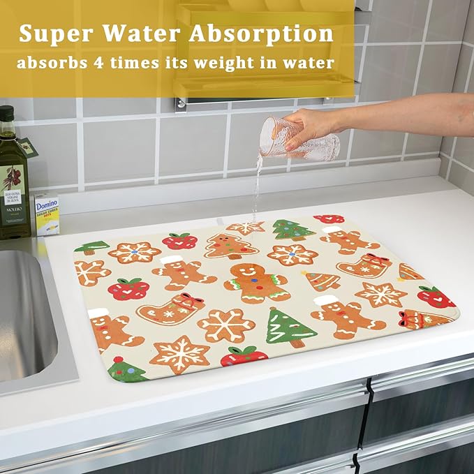 Christmas Dish Drying Mat for Kitchen Counter 18x24 Cute Gingerbread Themed Winter Xmas Holiday Absorbent Reversible Microfiber Drying Mats Kitchen Countertop Protector Dishes Drainer Rack Pad - Image 7
