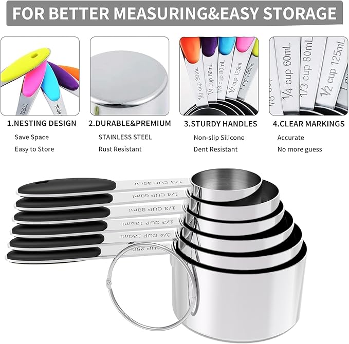 TILUCK magnetic measuring spoons set and measuring cups, stainless steel measuring cups, 6 double-sided stainless steel measuring spoons & 1 leveler (13) - Image 4
