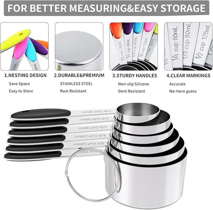 TILUCK magnetic measuring spoons set and measuring cups, stainless steel measuring cups, 6 double-sided stainless steel measuring spoons & 1 leveler (13) - Image 4