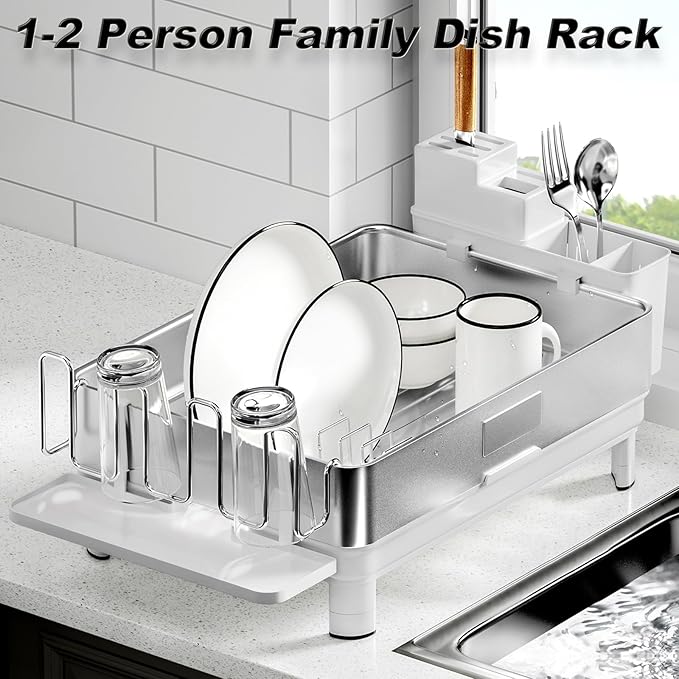 Ewaiira Dish Drying Rack, 304 Stainless Steel Dish Racks for Kitchen Counter, Dish Drainers with Automatic Drainage, Utensil Holder & Cups Holder, Space Saving Kitchen Organizer, White - Image 2