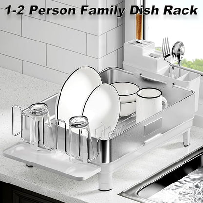 Ewaiira Dish Drying Rack, 304 Stainless Steel Dish Racks for Kitchen Counter, Dish Drainers with Automatic Drainage, Utensil Holder & Cups Holder, Space Saving Kitchen Organizer, White - Image 2