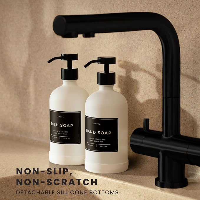Hand and Dish Soap Dispenser for Kitchen and Bathroom, Set of 2 16 Oz Glass Bottles, Stainless Steel Pumps, Non-Slip Silicone Base, 27 Waterproof Labels (Matte White Bottle/Black Pump) - Image 2