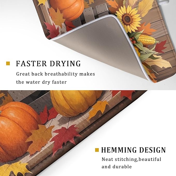 Fall Thanksgiving Dish Drying Mat for Kitchen Counter 18x24 Pumpkin Sunflower Bird Autumn Harvest Theme Absorbent Reversible Microfiber Drying Mats Kitchen Countertop Protector Dishes Drainer Pad - Image 3