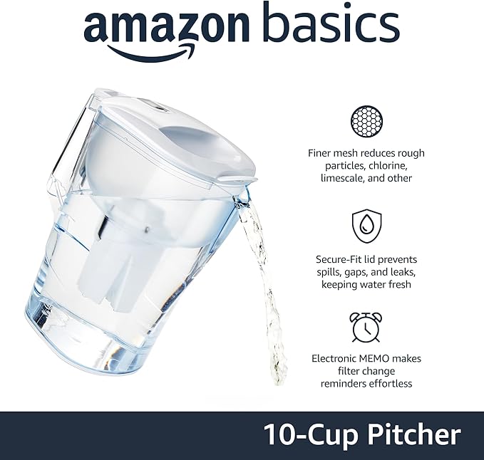 Amazon Basics 10-Cup Pitcher with Filter Compatible with Brita Water Filter Pitcher for Clean, Crisp Water, WQA and NSF Certified, Made in Europe - Image 2