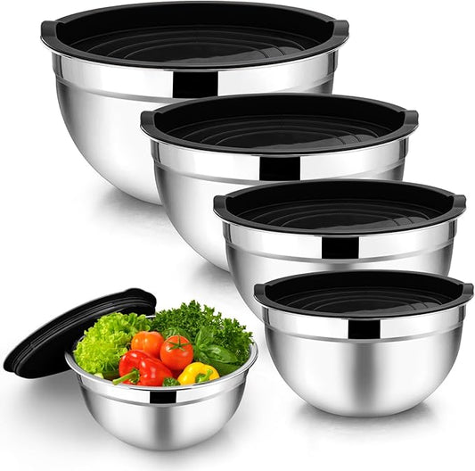 TeamFar Mixing Bowl Set of 5, 4.5/3/1.5/1/0.7 QT, Stainless Steel Metal Nesting Salad Bowl with Lid Set, Ideal for Mixing Serving, Non-Toxic & Sturdy, Airtight Lid & Easy Clean, Black by TeamFar