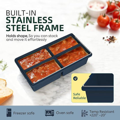 Silicone Freezer Molds for Soup with Lid - 1 Cup Capacity Soup Freezer Container, Large Ice Cube Mold - With Reinforced Steel Ring Top Lid, Oven and Dishwasher Safe, Meal Prep & Food Storage - 2-Pack