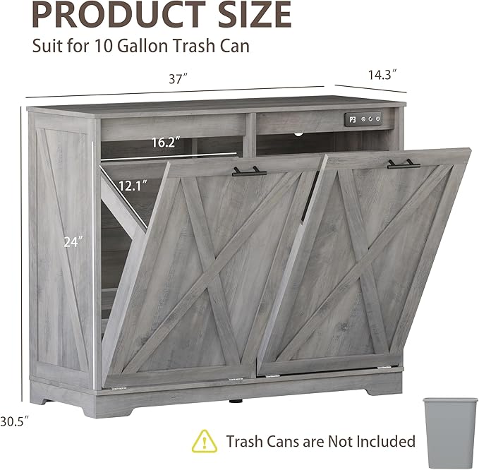 Double Tilt Out Trash Can Cabinet, Wooden Farmhouse Kitchen Garbage Bin Enclosure with Negative Ion Odor Control, Hidden Dog Proof Trash or Laundry Basket Storage for Laundry Room, Grey