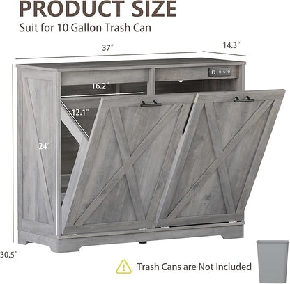 Double Tilt Out Trash Can Cabinet, Wooden Farmhouse Kitchen Garbage Bin Enclosure with Negative Ion Odor Control, Hidden Dog Proof Trash or Laundry Basket Storage for Laundry Room, Grey