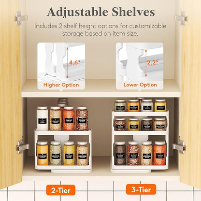 Lifewit Sliding Spice Rack for Cabinets, 6.4"H x 11.1"D x 6.1"W Slide Out Swive Cupboard Spice Organizer with Non-Slip Mat, Adjustable 2-Tier Shelves with Fence, Pull Out Medicine Cabinet Organization