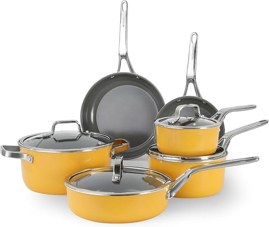 10-Piece Nonstick Ceramic Cookware Set, Non-Toxic Ceramic Coated Aluminum Pots and Pans with Lids, PFAS & PFOA &PTFE Free, Induction Compatible, Healthy Essential Kitchen Set -（Yellow)