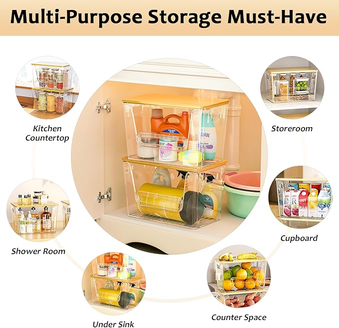 Delamu 2 Set Pantry Organizers and Storage, Trash Bag Holder Under Sink Organizer for 4-13 Gal Bags, Trash Bag Dispenser with Bamboo Top for Onion, Potato, Garlic, Clear (11-7/32"L*7" W*7-1/8"H) - Image 4