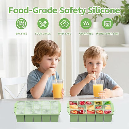 Silicone Ice Cube Tray with Locks Lids, Easy Release Flexible 15 Square Ice Trays for Freezer, Stackable & Reusable Ice Cube Mold for Whiskey, Cocktails, Baby Food, BPA Free, 2 Pack (Green)
