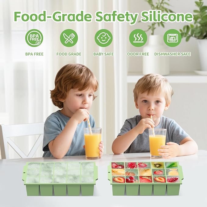 Silicone Ice Cube Tray with Locks Lids 4 Pack, Easy Release Flexible 15 Square Ice Trays for Freezer, Stackable & Reusable Ice Cube Mold for Whiskey, Cocktails, Baby Food, BPA Free