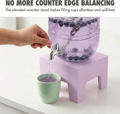 Beverage Dispenser 1 Gallon, Glass Drink Dispenser with Wooden Base Stand, Wide Mouth Jar for Lemonade, Iced Tea, Infused Water, Vintage Kitchen Decor - Lavender