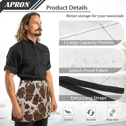 Server Apron with 3 Pockets, Waterproof Oil Waitress Waiter Half Apron for Restaurant Hotel Kitchen Cafe