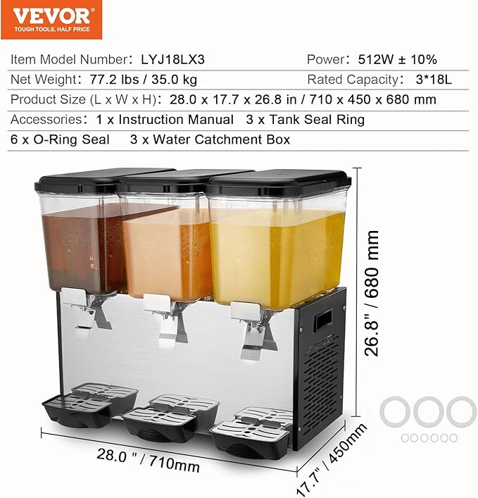 VEVOR Commercial Beverage Dispenser, 3 Tanks 18 L / 19 QT Per Tank Juice Dispenser, 512W Stainless Steel Ice Tea Drink Machine with 45°F-54°F Cooling Temperature, for Cold Drink Restaurant Bar Party - Image 7