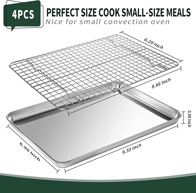 Small Baking Sheet with Rack Set [2 Cookie Sheets + 2 Baking Racks], CEKEE Stainless Steel Small Baking Pan and Grill Rack - Rust & Warp Resistant & Nonstick, Size 9.33 x 6.96 x 1 Inch - Image 2