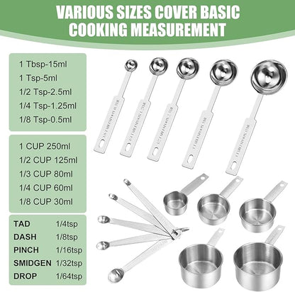Measuring Cups and Spoons Set of 16,5 Nesting Metal Measuring Cups and 5 Measuring Spoons,1 Leveler and 5 Mini Measuring Spoons for Cooking,Baking,Dry and Liquid Ingredients