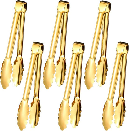 6pcs Stainless Steel Serving Tongs Gold or Silver Plated 9inch Heavy Duty Durable BBQ Clamps Design for Weddings Parties Banquets Buffets Family Gatherings Kitchen Cooking Serving Clip by IAXSEE