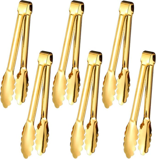 6pcs Stainless Steel Serving Tongs Gold or Silver Plated 9inch Heavy Duty Durable BBQ Clamps Design for Weddings Parties Banquets Buffets Family Gatherings Kitchen Cooking Serving Clip by IAXSEE