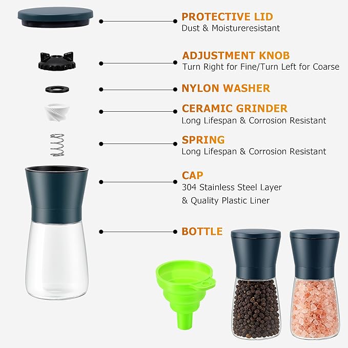 R DRURLCD Stone Blue Salt and Pepper Grinder Set of 2 - Manual Glass & Stainless Steel Mills, Adjustable Coarseness Spice Grinders with Ceramic Blades for Kitchen Decor & Outdoor Use