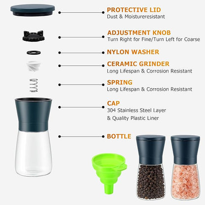 R DRURLCD Stone Blue Salt and Pepper Grinder Set of 2 - Manual Glass & Stainless Steel Mills, Adjustable Coarseness Spice Grinders with Ceramic Blades for Kitchen Decor & Outdoor Use